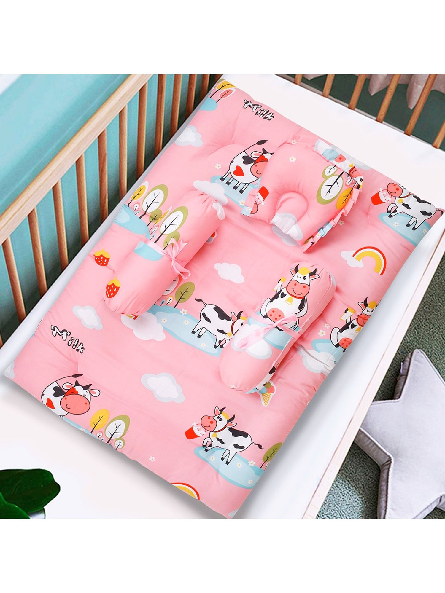 Baby Moo Milkaholic Peach Mattress Set with Neck Pillow and Bolsters