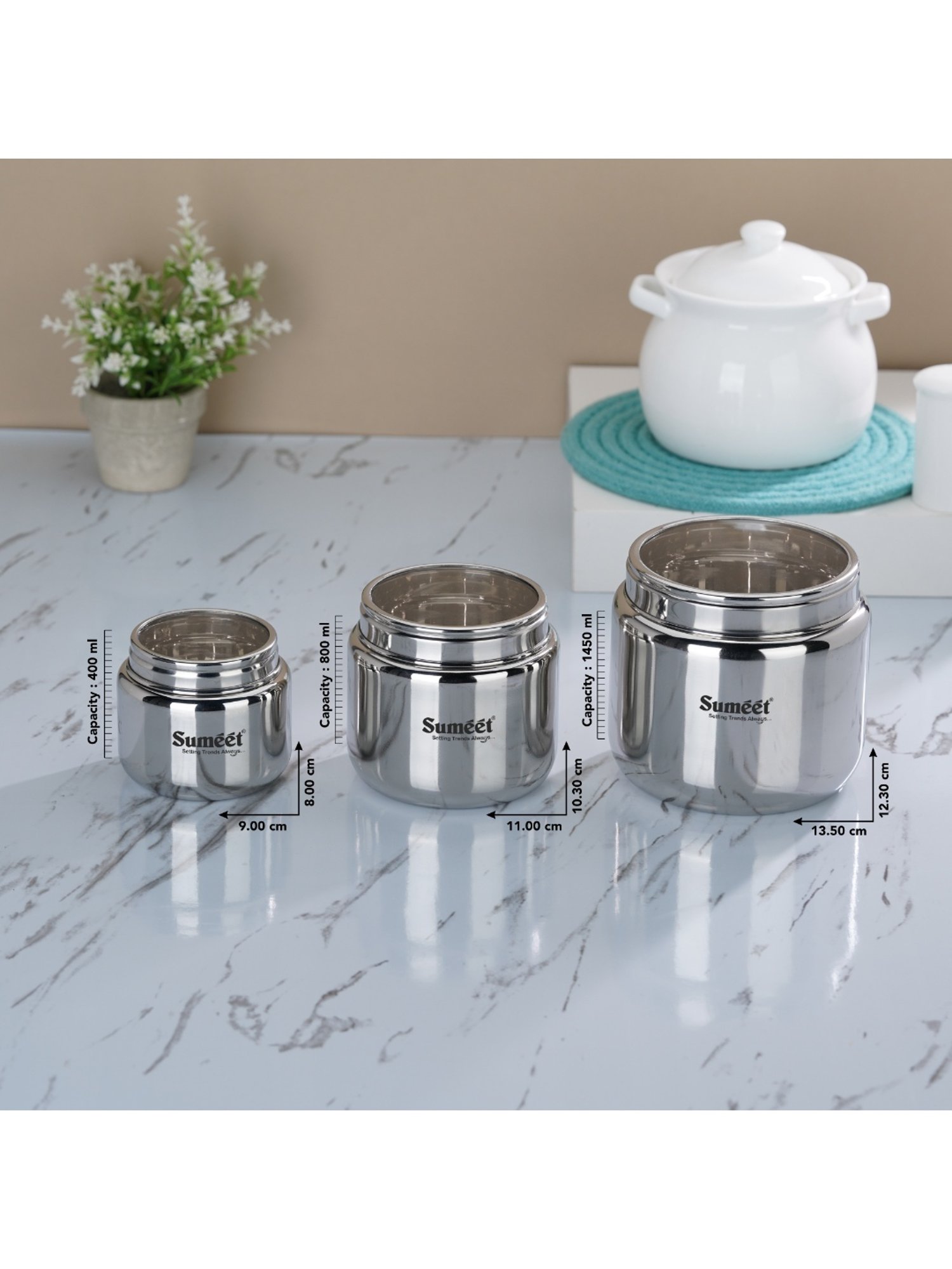 Sumeet S.S. Storage Containers with See Through Lid, Combo of 9 Pcs (400ml, 800ml & 1450ml-3Pc each)