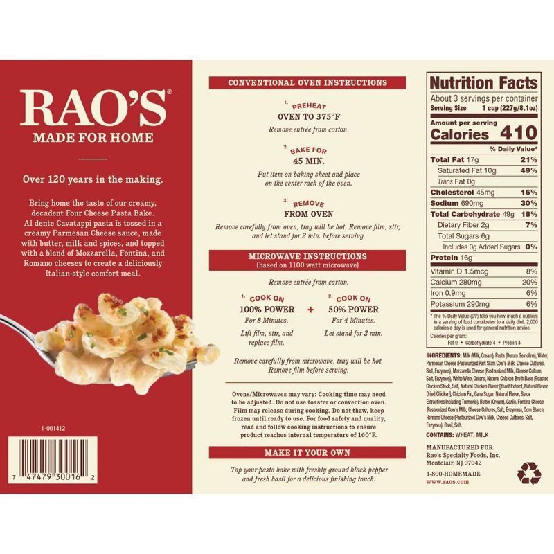Rao's Made for Home All Natural Frozen Pasta Meal Four Cheese Pasta Bake - 25oz