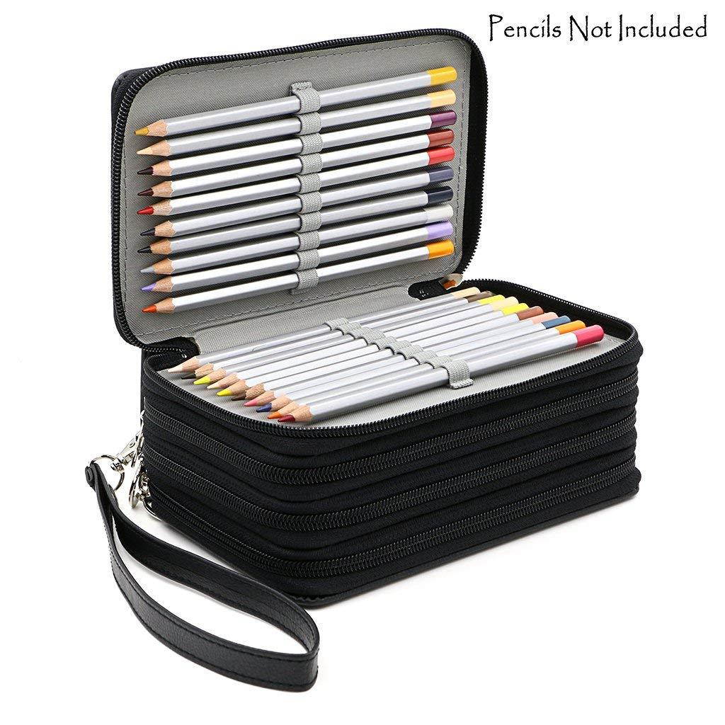 BTSKY PU Leather Colored Pencil Case with Compartments-72 Slots Handy Pencil Holder for Watercolor Pencils, Gel Pens and Ordinary Pencils (Black)