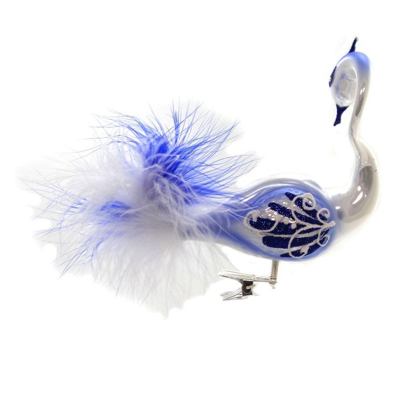 Golden Bell Collection 4.0" Blue & White Clip On Peacock Ornament Bird Feather Crown  -  Tree Ornaments
