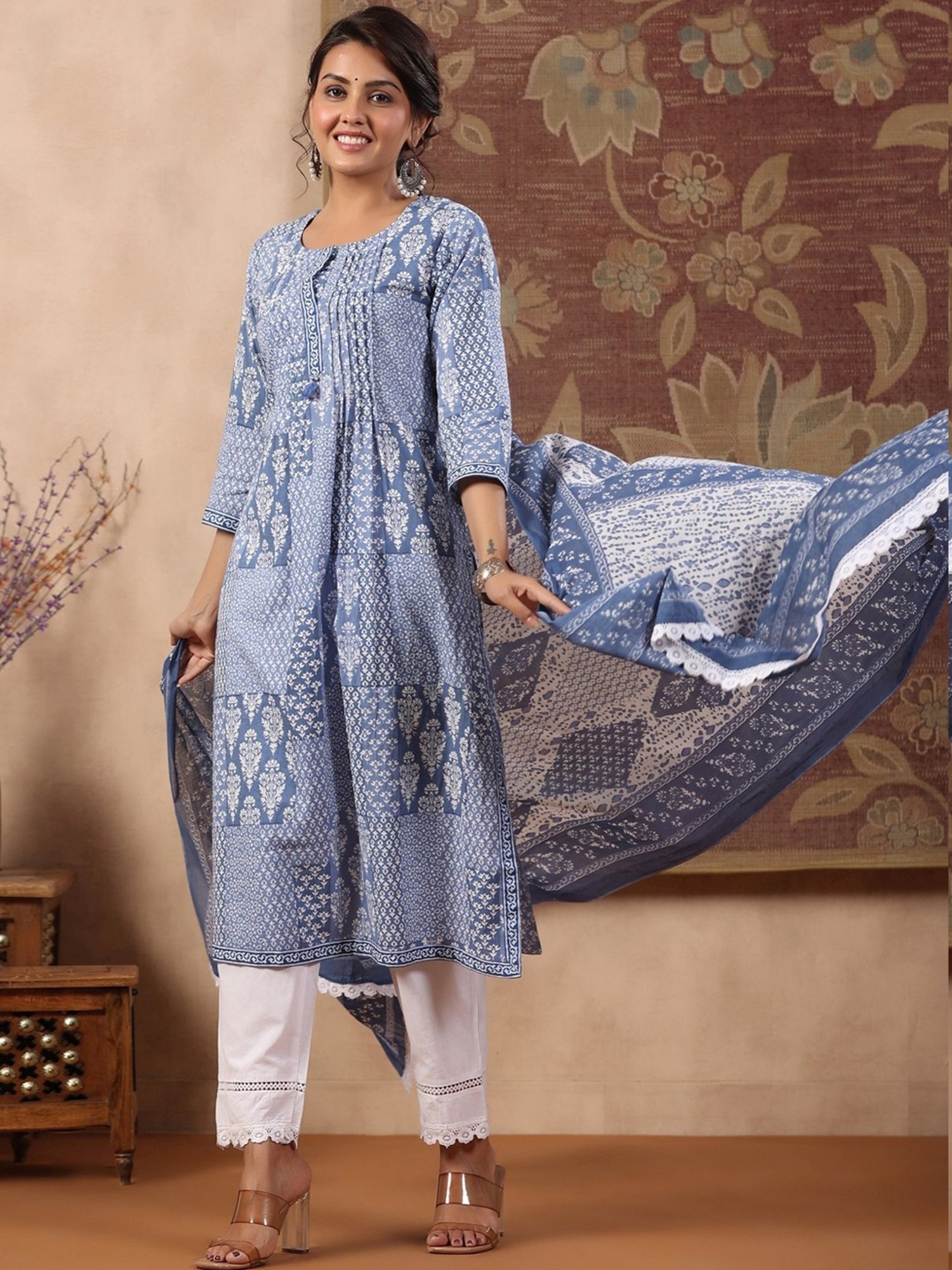Rain and Rainbow Blue & White Cotton Printed Kurta Pant Set With Dupatta