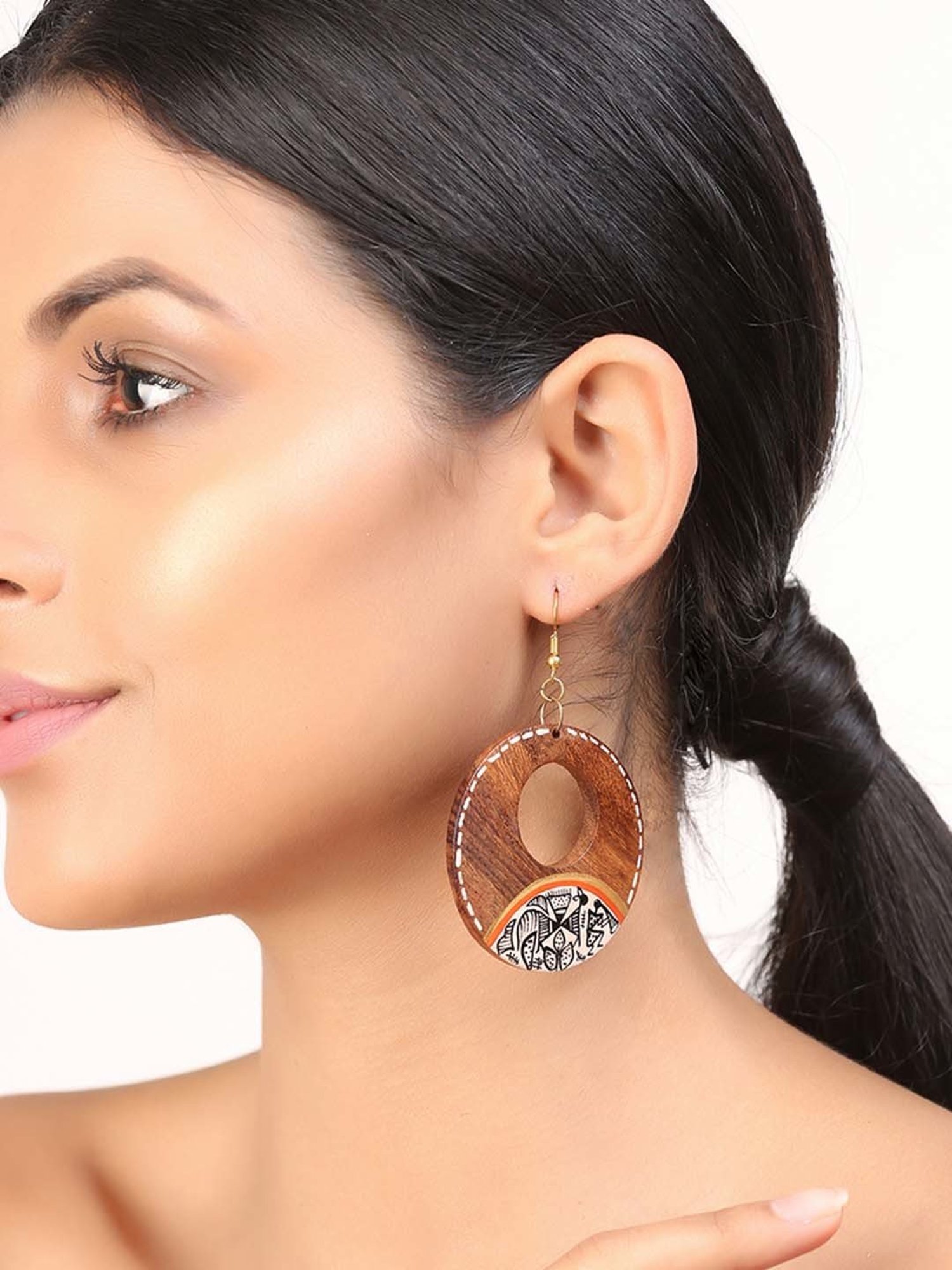 ExclusiveLane 'Tribal Warli Rounds' Brown Earrings in Warli Art (Sheesham Wood)