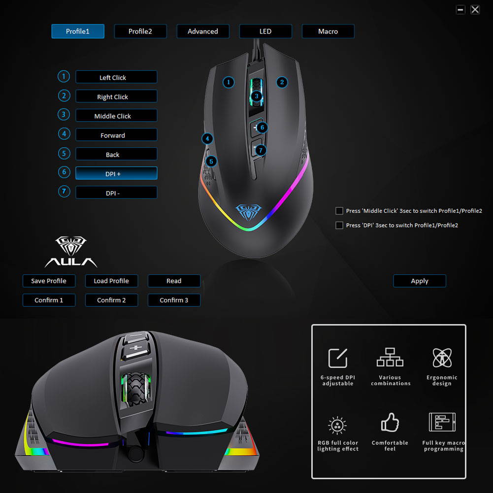 AULA F805 Multi Button Gaming Mouse 6 Levels Adjustable 6400 DPI RGB Light Modes Wired Optical Mouse, Black