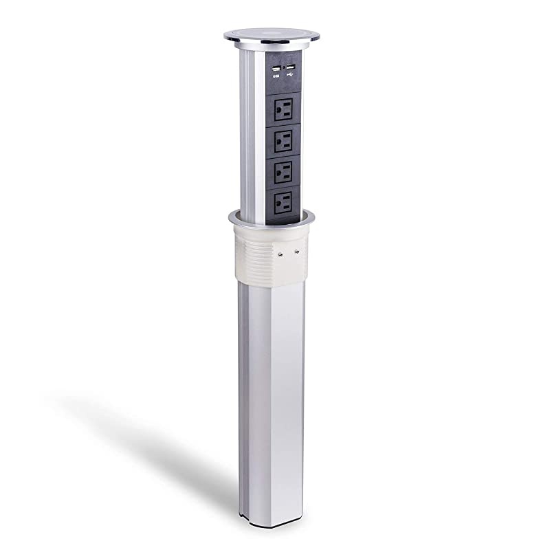 Intelligent Motorised Pop Up Socket Surge Protector Power Strip Retractable Power Strip with Dual USB Charging Stations for Kitchen Counter, Conference Room (White)