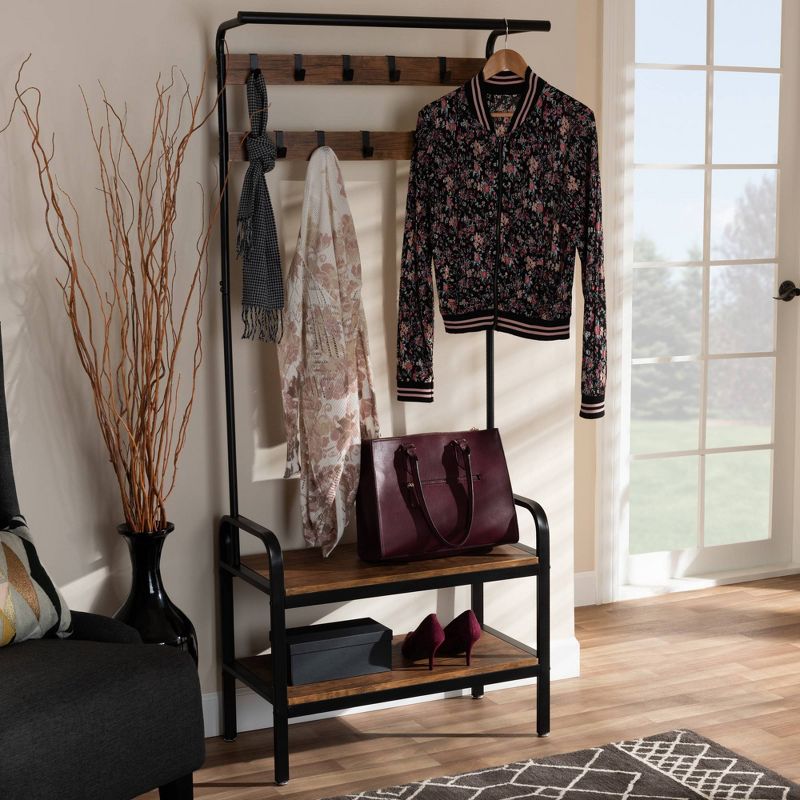 Aislin Distressed Wood and Metal Finished Entryway Hall Tree Brown/Black - Baxton Studio
