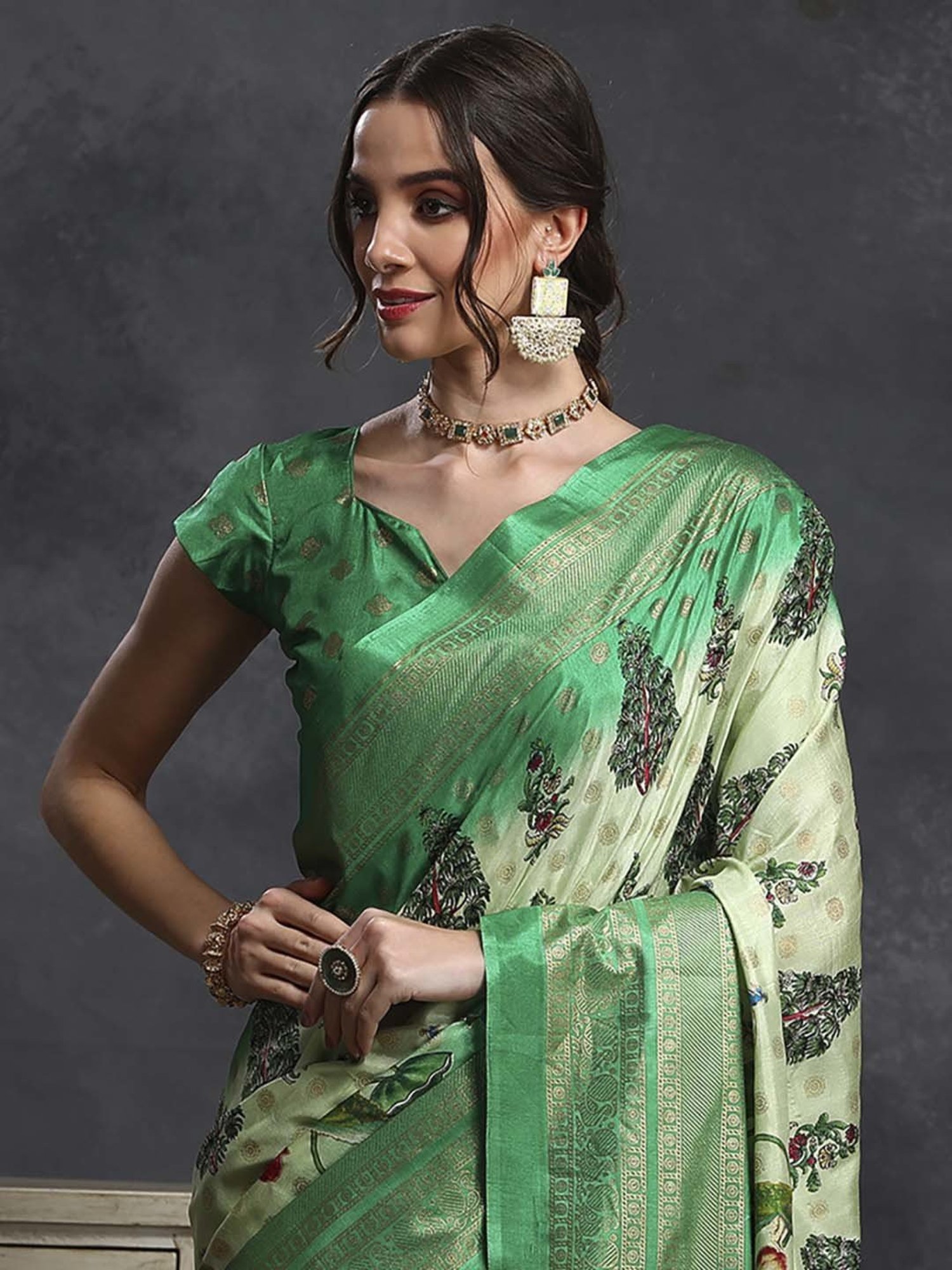 Saree Mall Green Silk Printed Saree With Unstitched Blouse