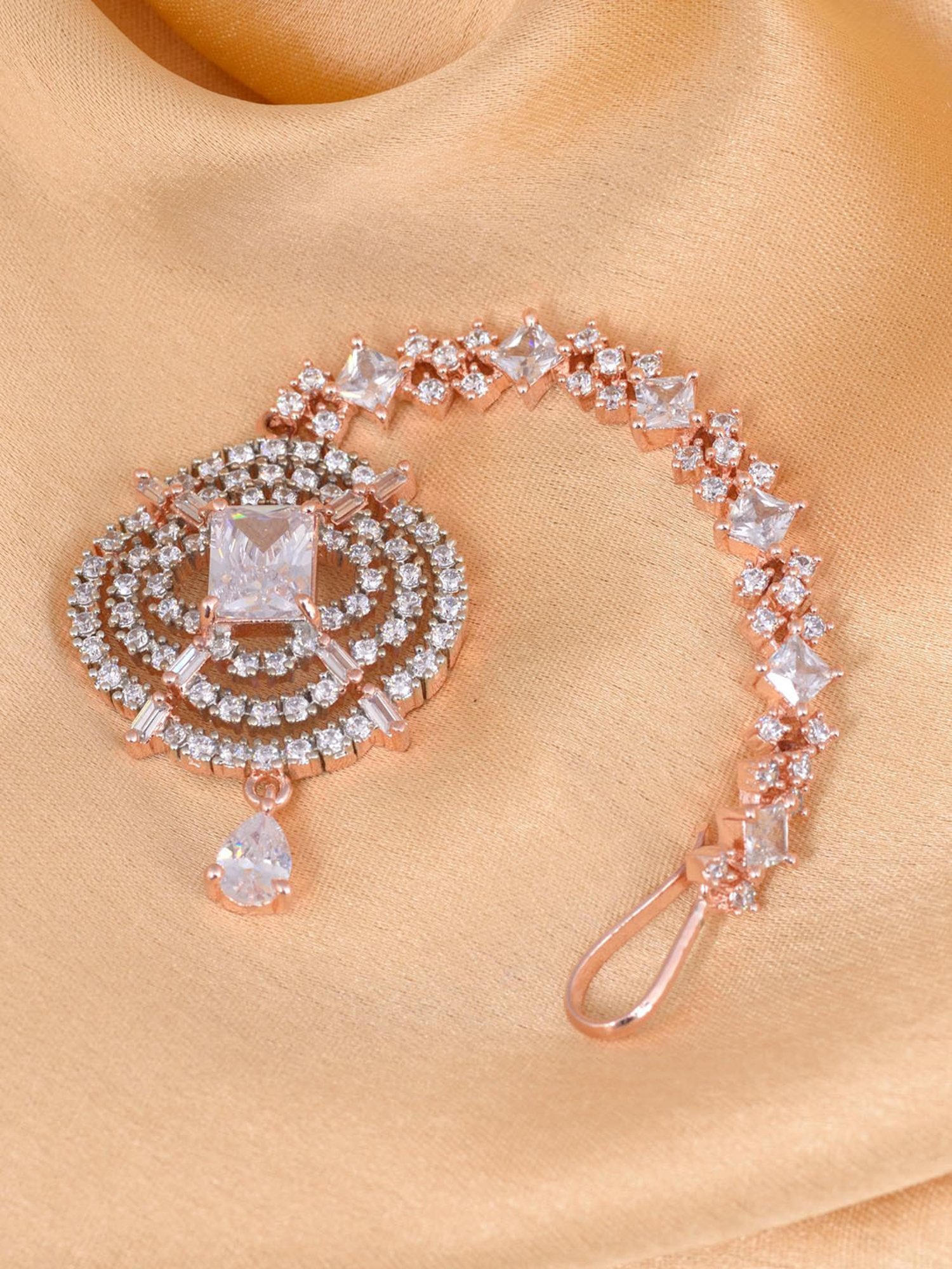 Saraf Rs Jewellery Solitaire Maang Tikka American Diamond Studded Gold Plated For Women & Girls