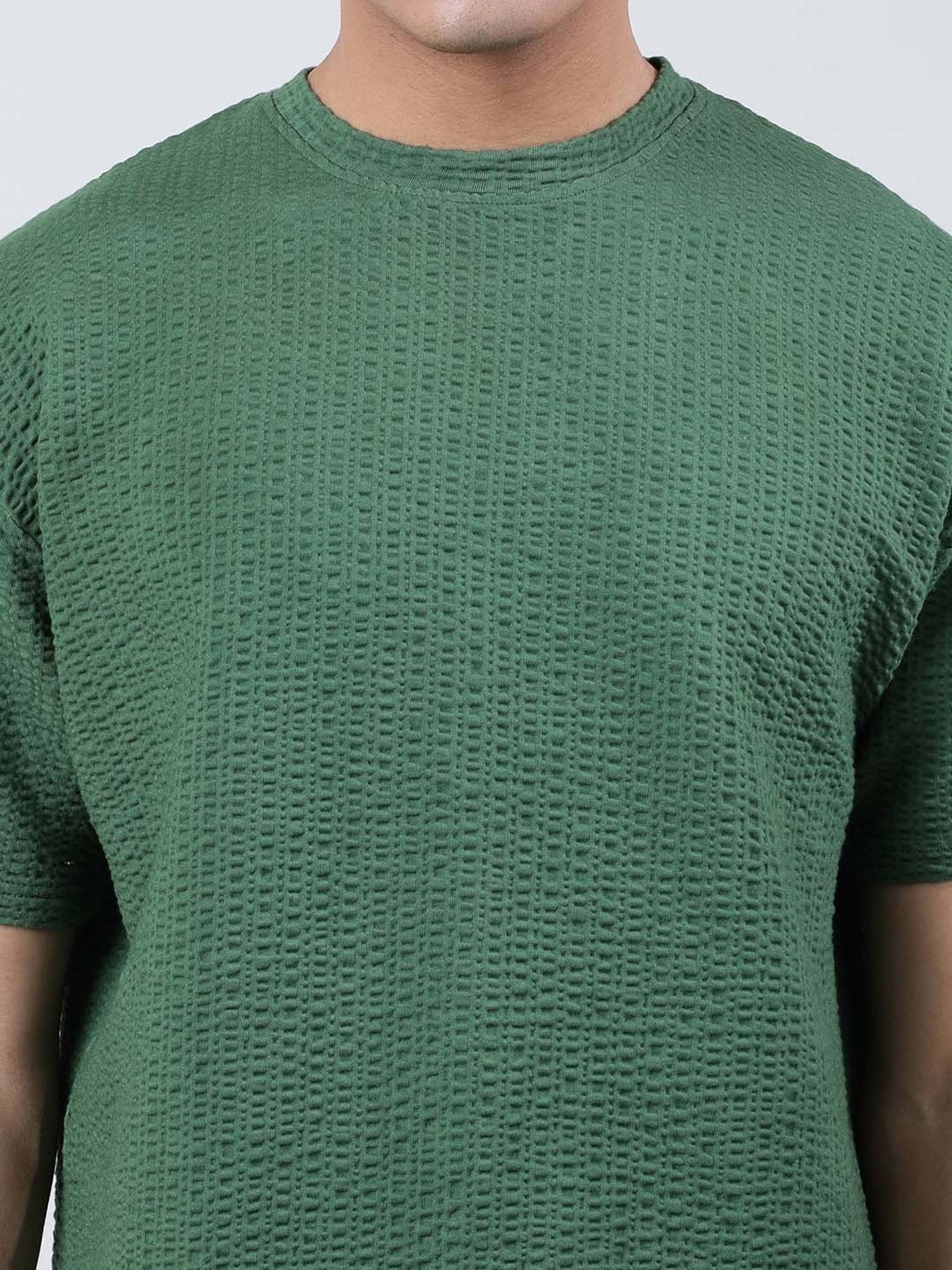 Bene Kleed Green Loose Fit Textured Crew T-Shirt