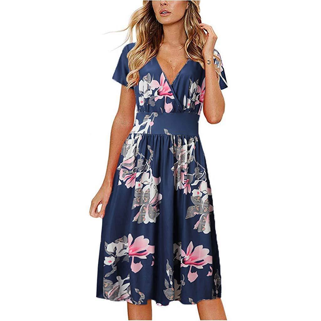 ?HebeTop? Women's Floral Maxi Dresses Boho V Neck Split Beach Party Dress