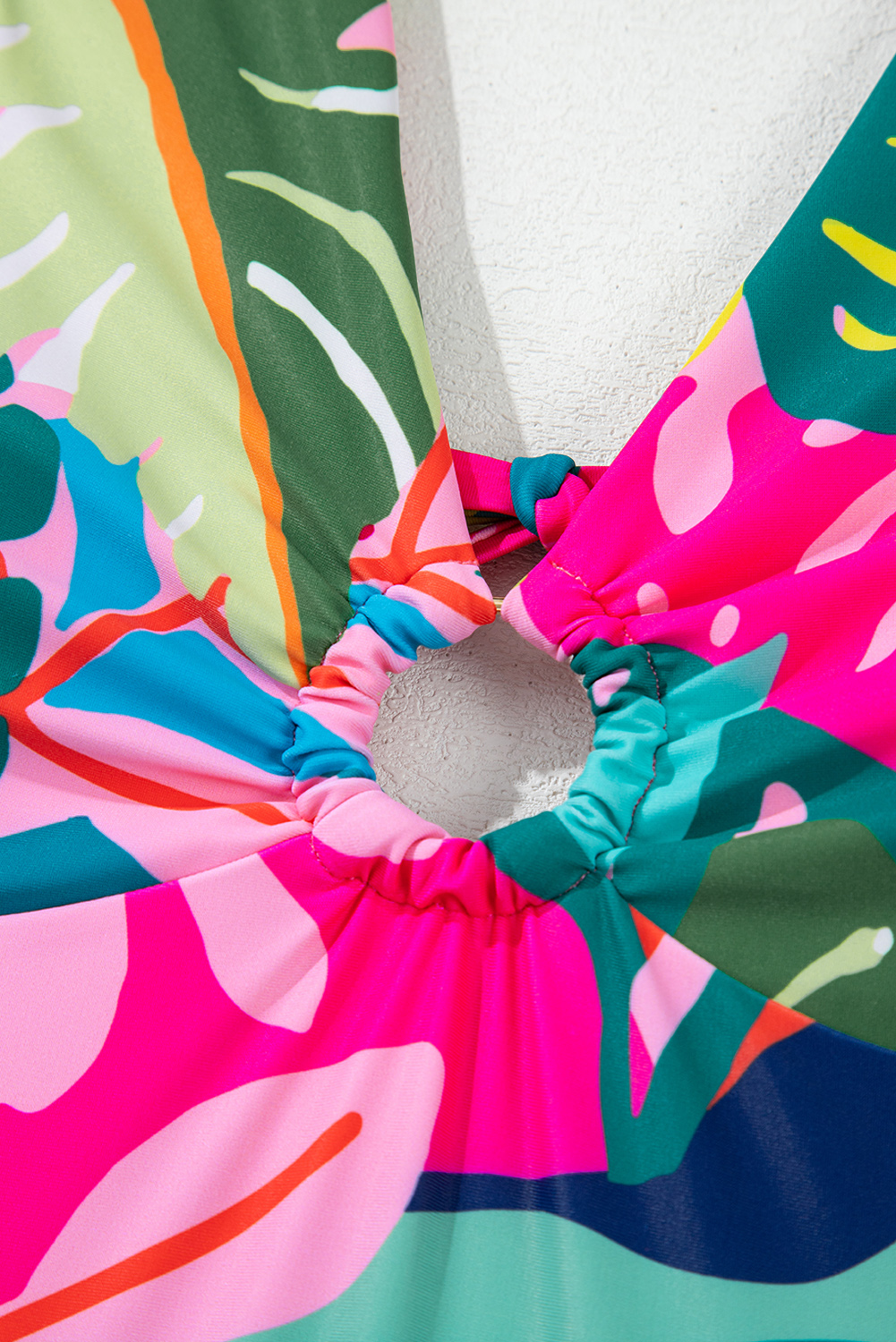 Black Plant Print Zip Front Half Sleeve One Piece Swimsuit