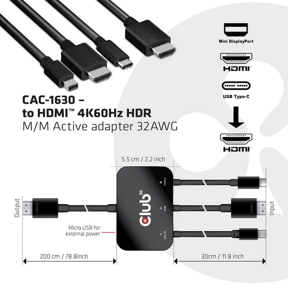 Club3D CAC-1630 USB Type C + HDMI + MiniDisplayPort 1.2 to HDMI 4K60Hz HDR M/M Active Adapter 32AWG