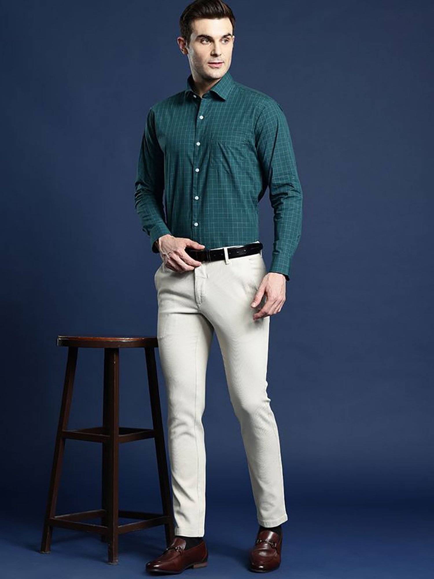 Hancock Green Cotton Slim Fit Checks Shirts
