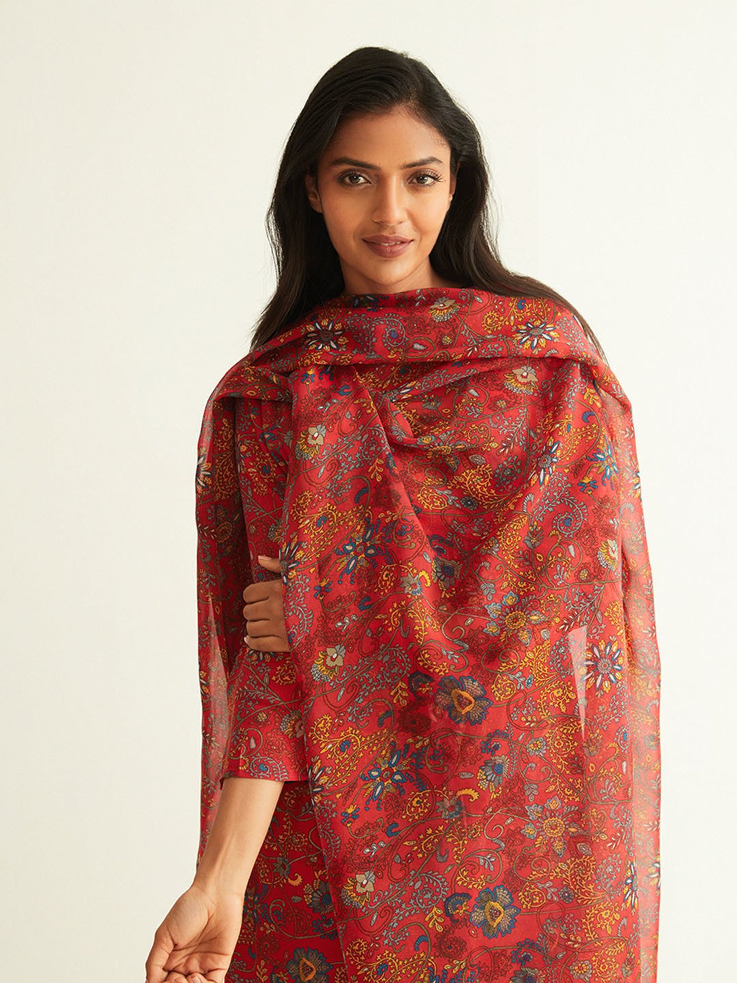 ANCESTRY Red Printed Dupatta