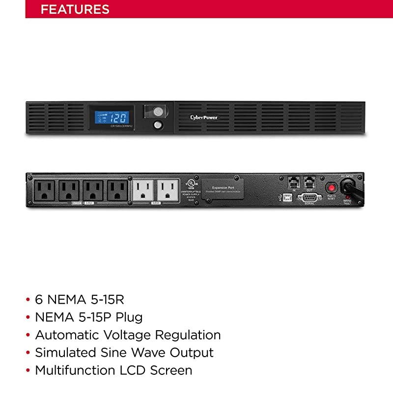 OR1500LCDRM1U Smart App LCD UPS System, 1500VA/900W, 6 Outlets, AVR, 1U Rackmount Black