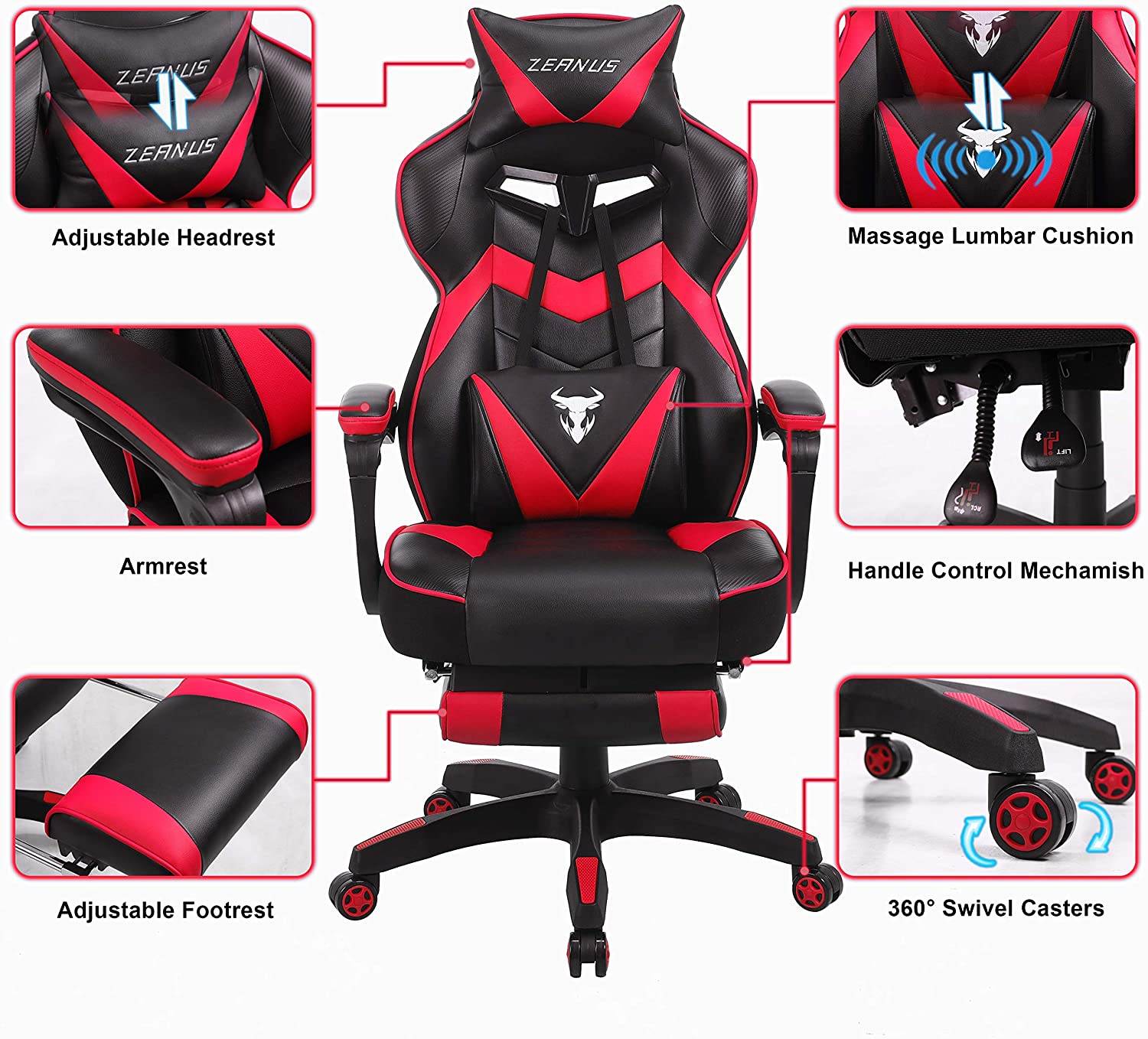Zeanus Gaming Chair for Adults Green, Gaming Chair with Footrest, Massage Computer Gaming Chair, Reclining Gaming Desk Chair, Big and Tall Video Gaming Chair, Racing Style Chair, E-Sports Gamer Chair