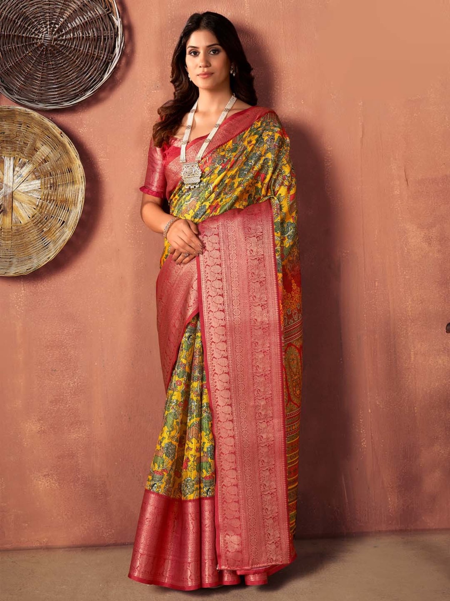 Saree Mall Yellow & Pink Woven Saree With Unstitched Blouse