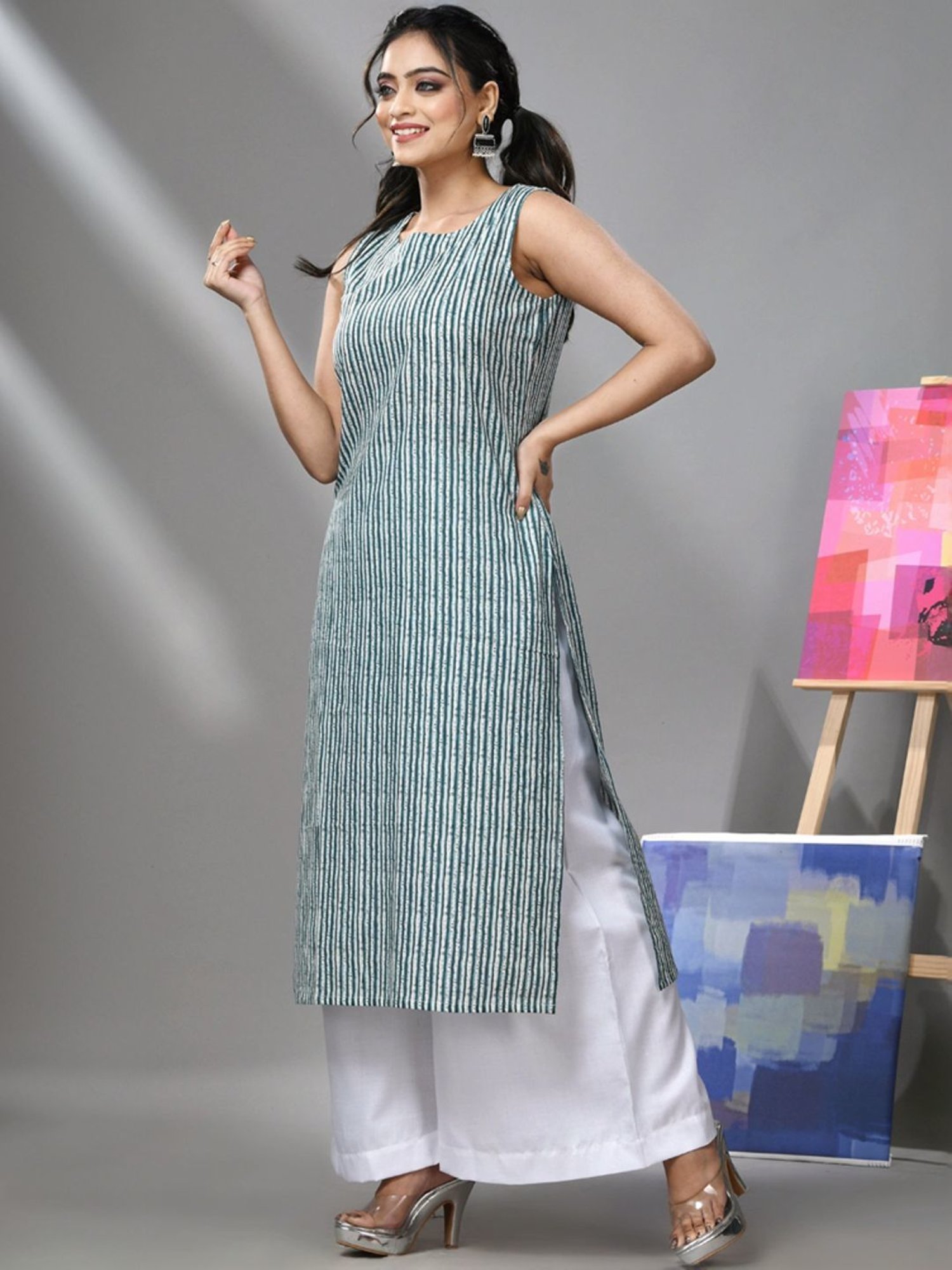 Charukriti Blue Cotton Striped Straight Kurta