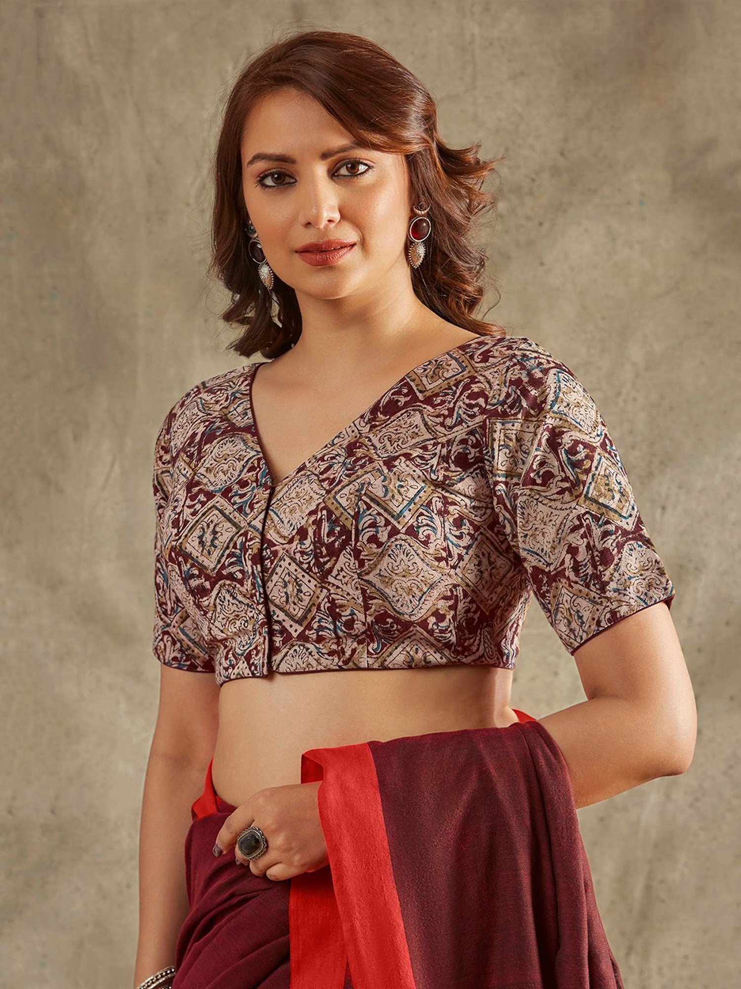 Salwar Studio Beige & Maroon Printed Readymade Blouse