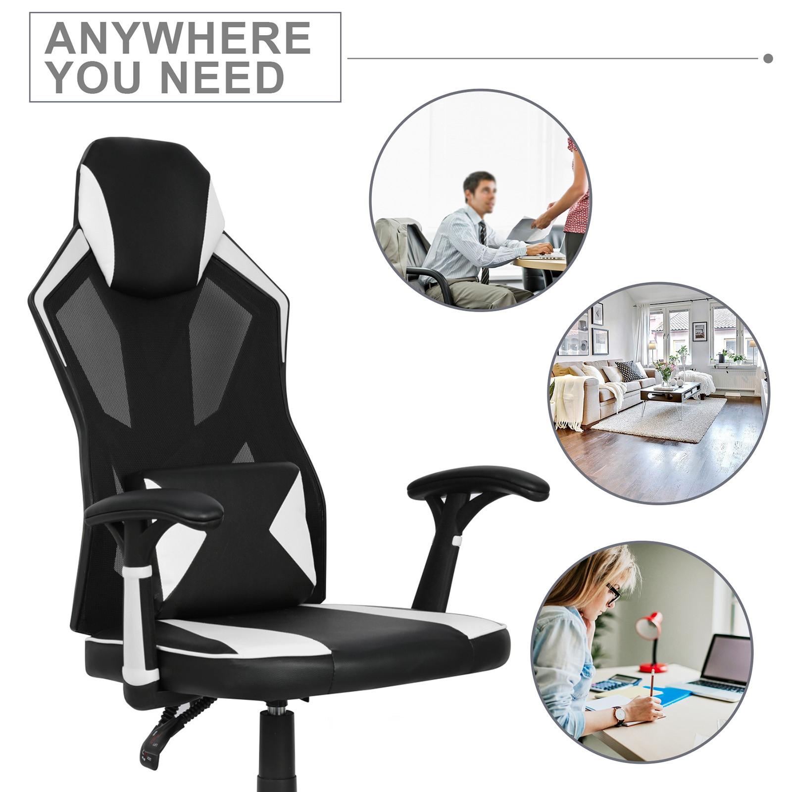YOUTHUP Office Chair Functional Ergonomic Leather Gaming Chair Swivel Rolling Computer Desk Chair with Lumbar Support,Black and Grey