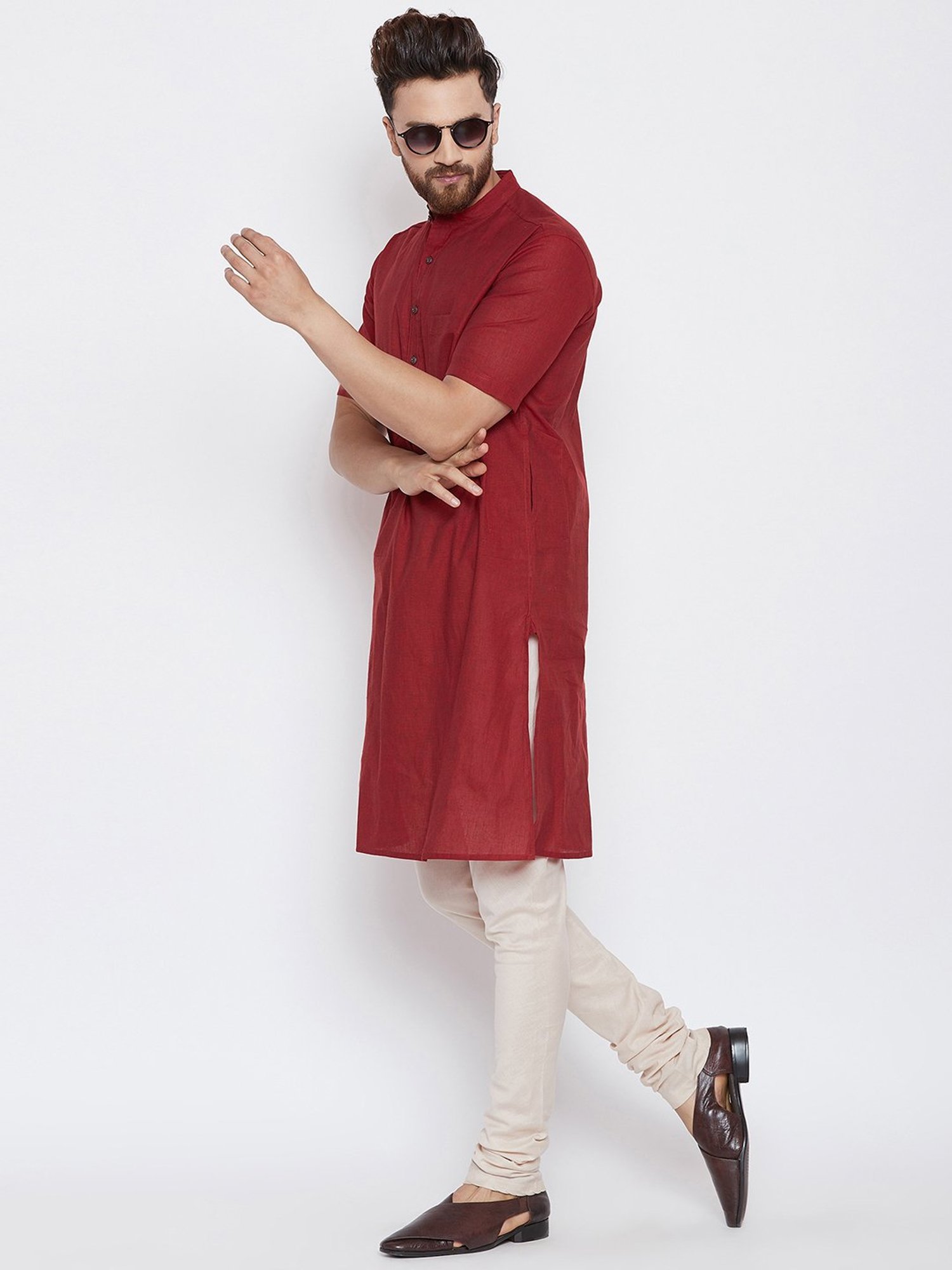 Even Maroon Mandarin Collar Kurta