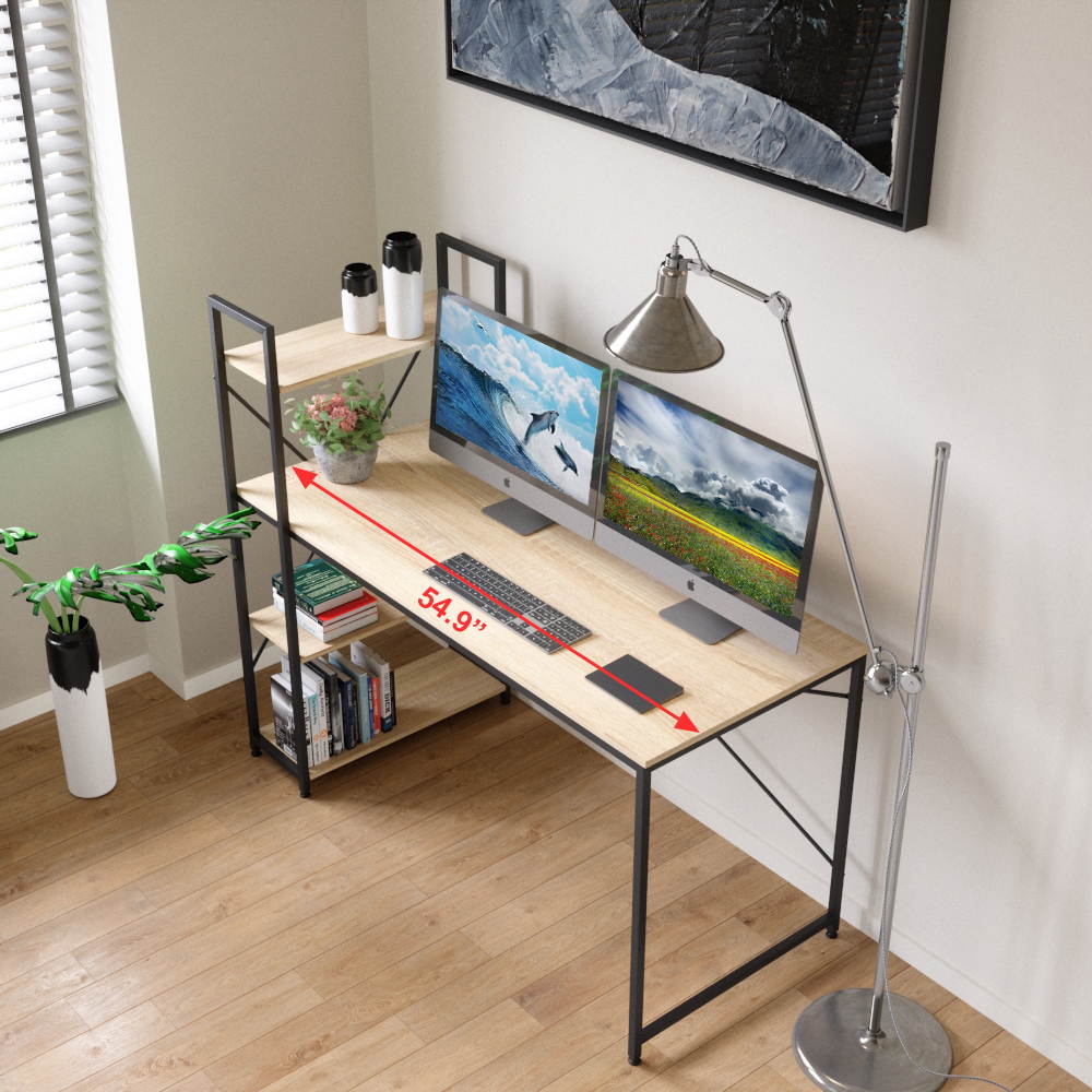 Bestier 63 Inch Computer Desk with Storage Shelves, Modern Bookshelf Desk with Headphone Hook Large Workstation Writing Desk with Reversible Bookshelves Home Office Work Table Study Desk Grey