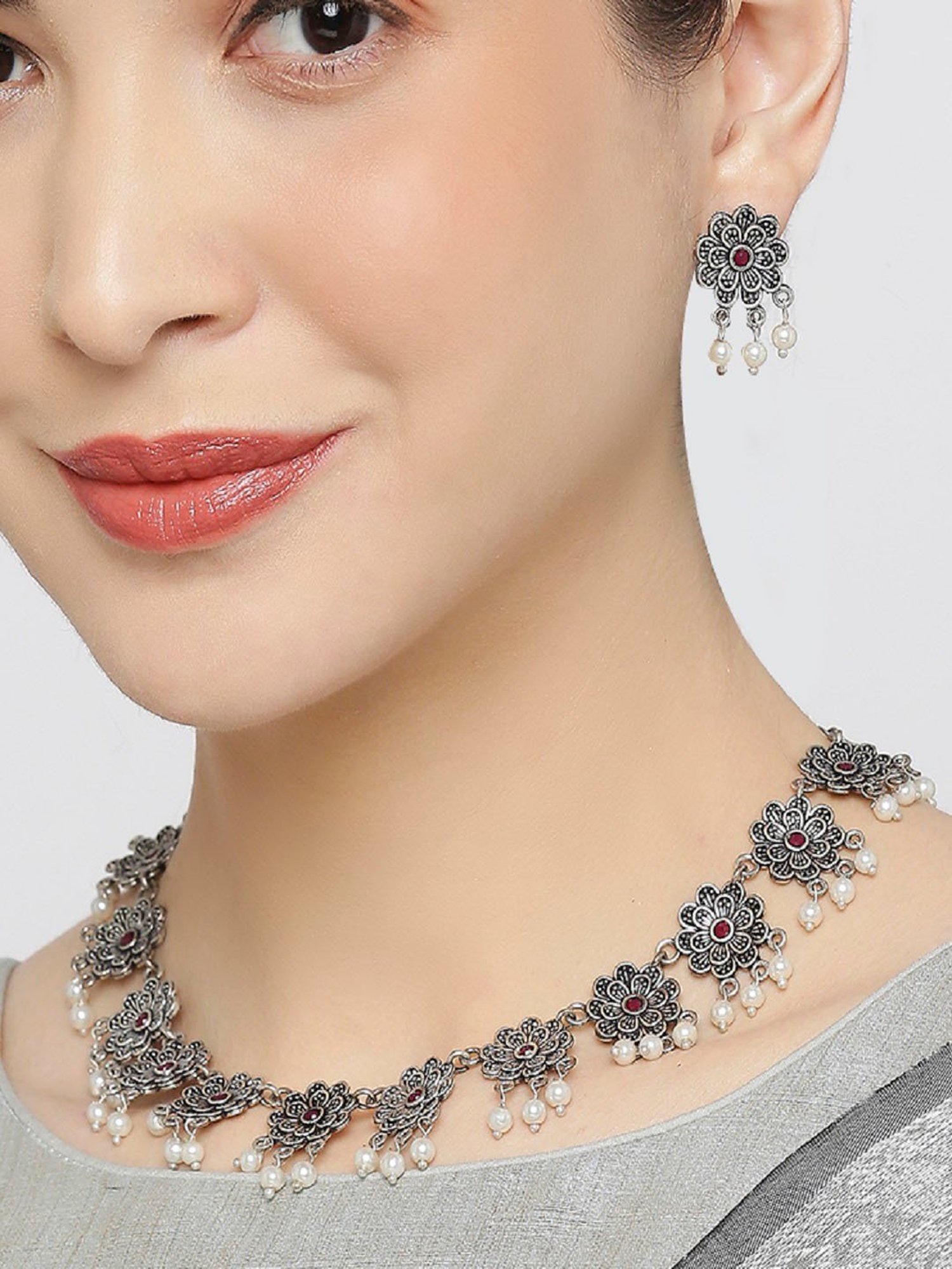 OOMPH Oxidized Silver Look Alike Maroon Stone Pearls Choker Necklace Set with Earrings