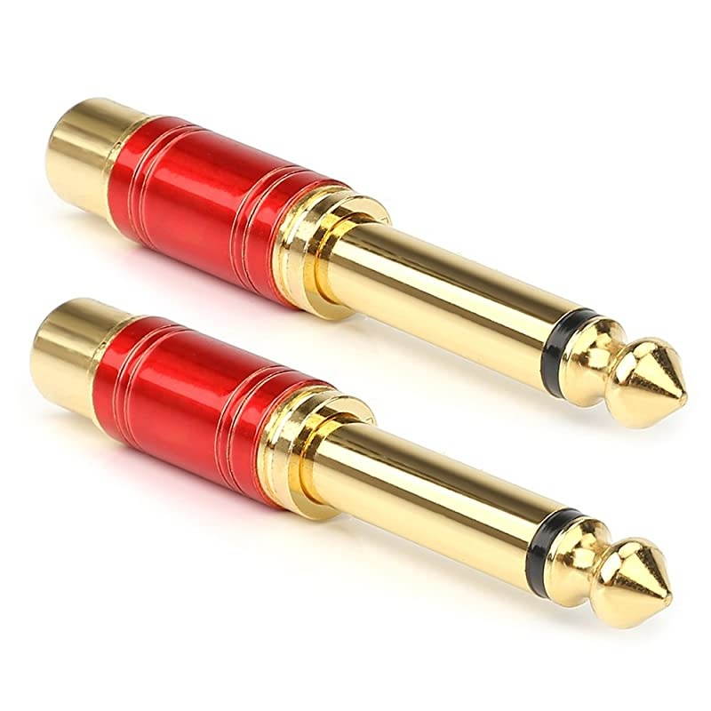 1/4 in to RCA Female Pure Copper Adapter, 6.35mm Mono TS Plug Male 1/4 inch to RCA Female Stereo Interconnect Audio Adapter, (Red-2Pack)