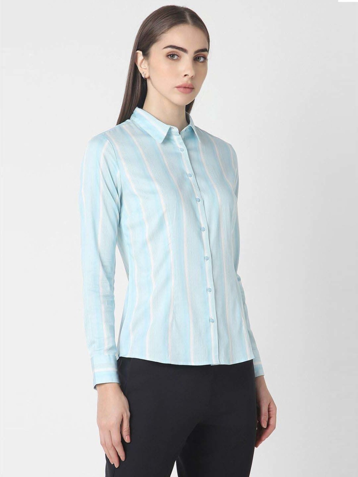 Van Heusen Blue Cotton Striped Formal Shirt