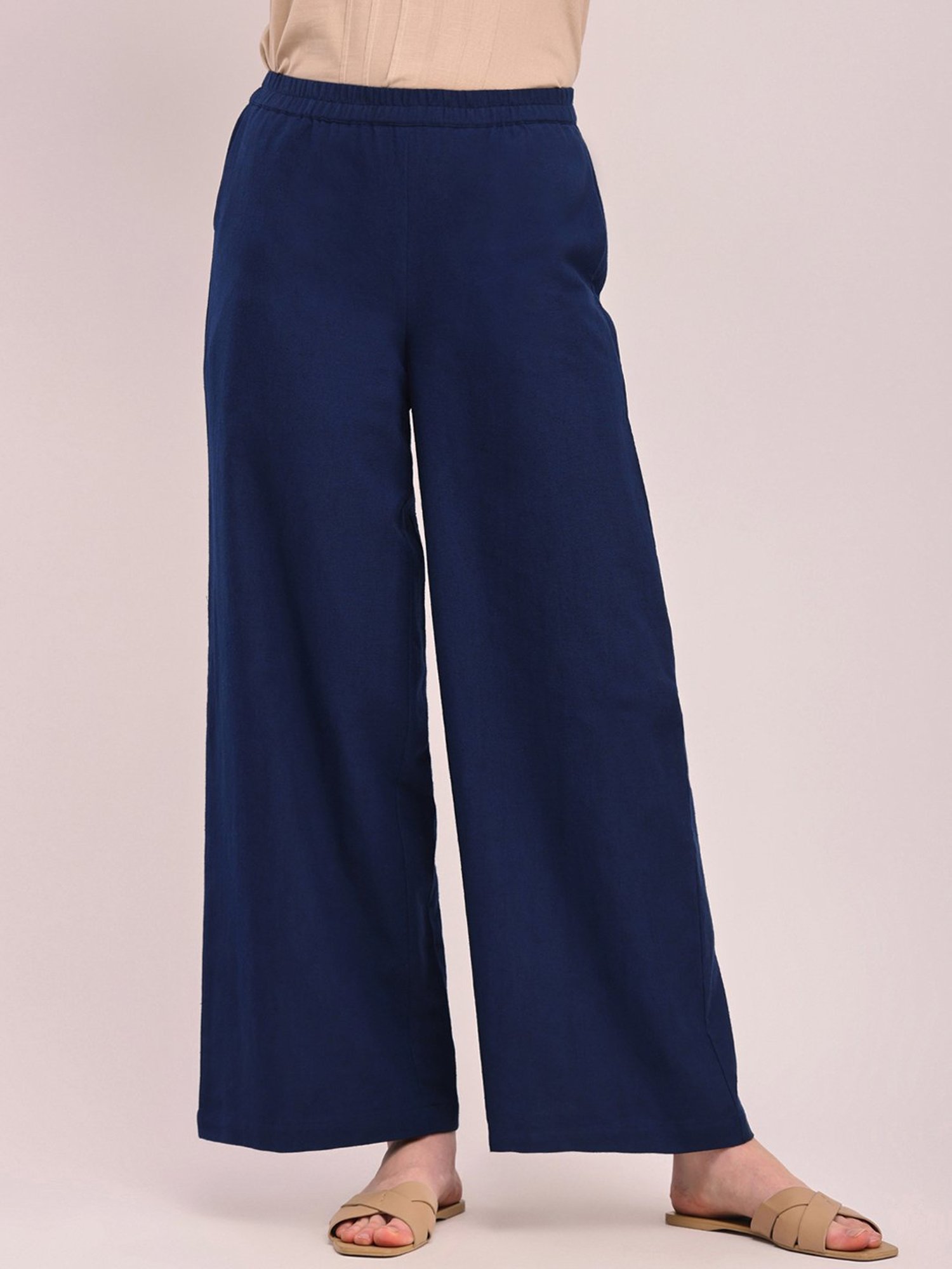 Pink Fort Navy Cotton Relaxed Fit Palazzos