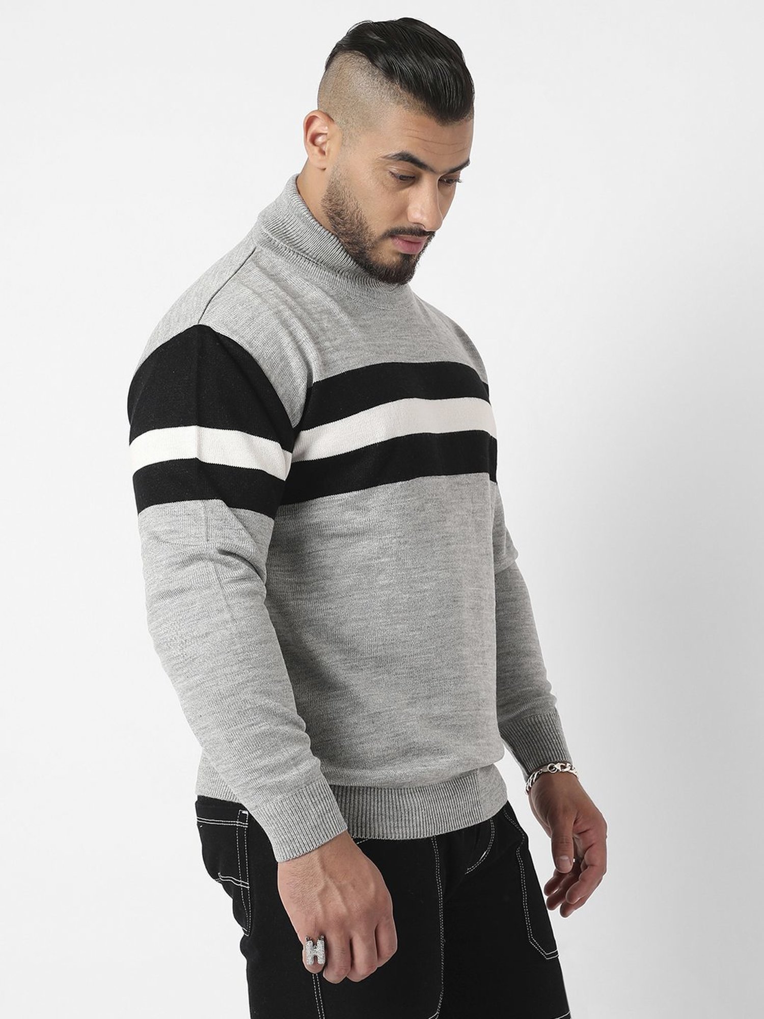 Instafab Plus Light Grey Regular Fit Striped Plus Size Sweater