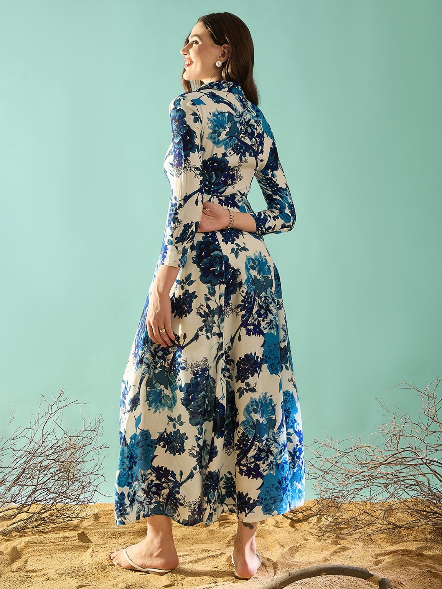 PANIT Blue Floral Print Ethnic Dress
