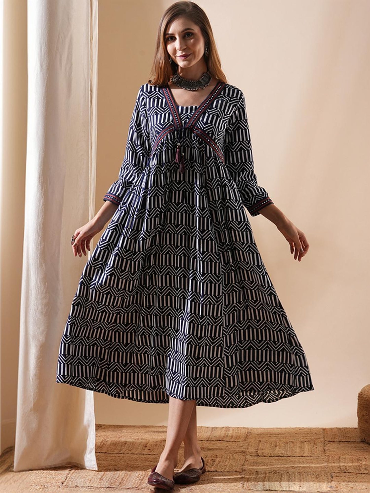 Fashor Navy Printed A-Line Dress