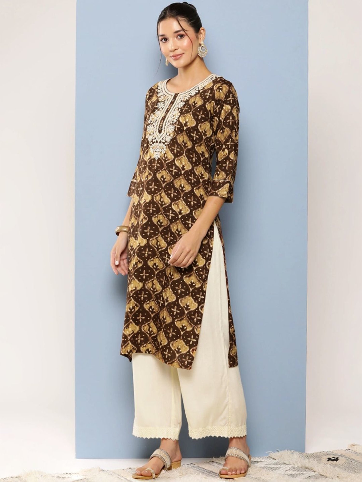Aarika Brown Cotton Embroidered Straight Kurta