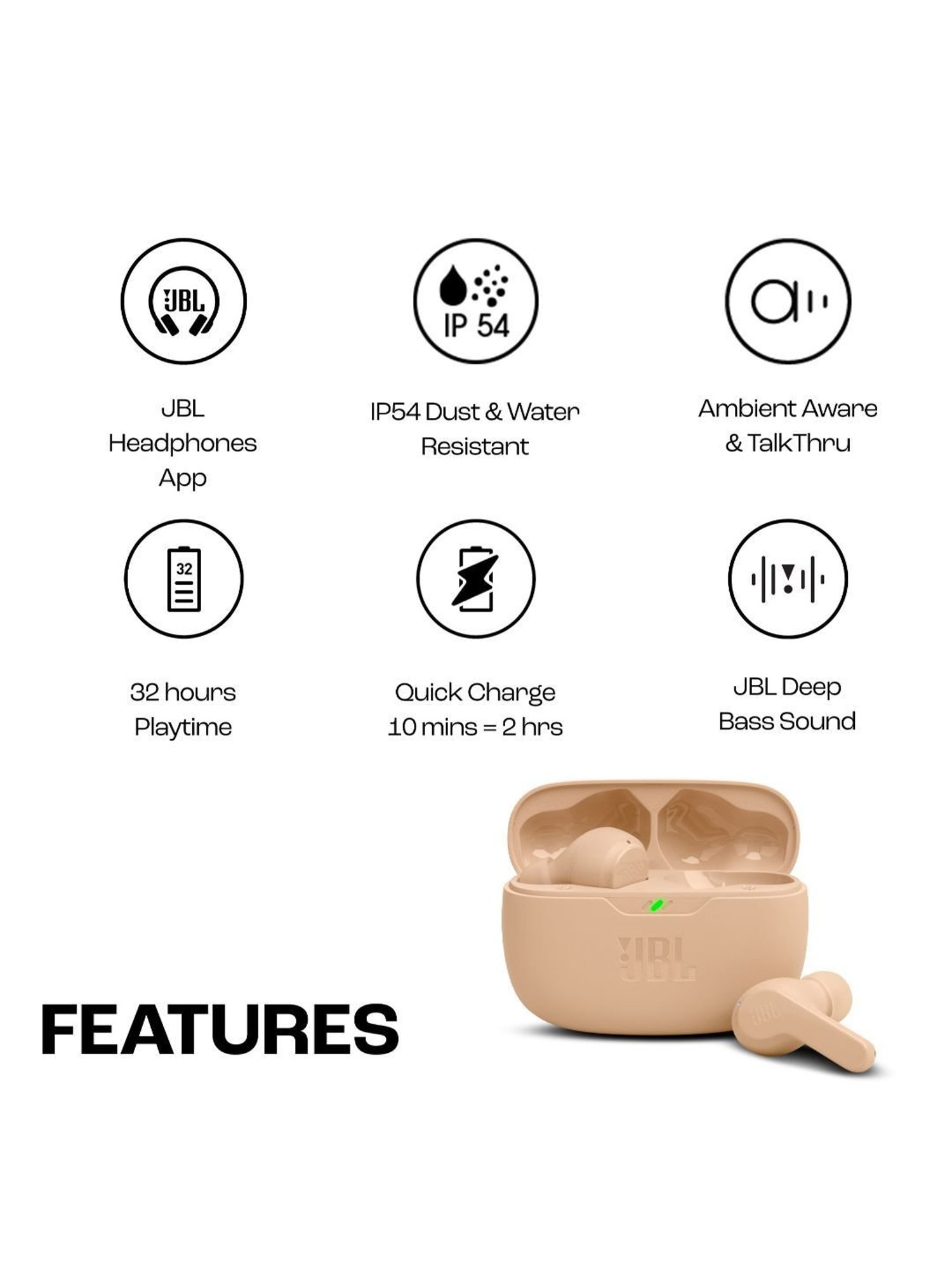 JBL Wave Beam TWS, 32Hr, Deep Bass, Dual Mode, Quick Charge, IP54, Smart Ambient & TalkThru (Beige)