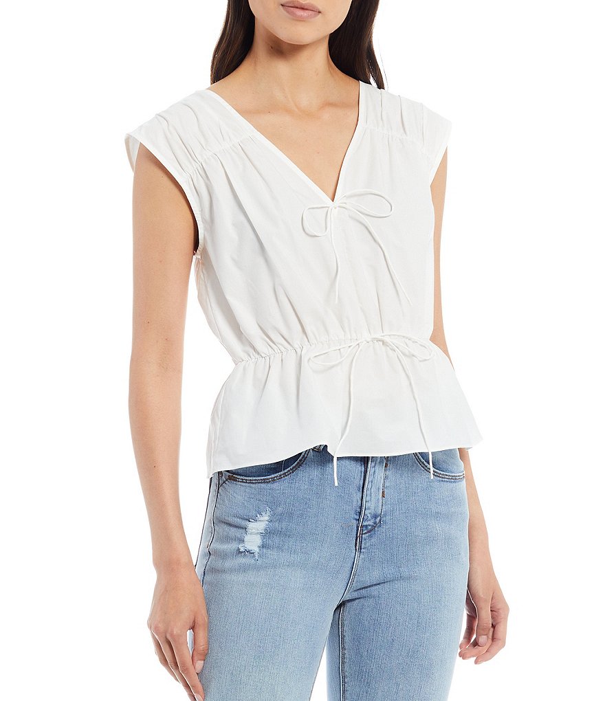 A Loves A Cinched Yoke and Waist Peplum Cap Sleeve Blouse