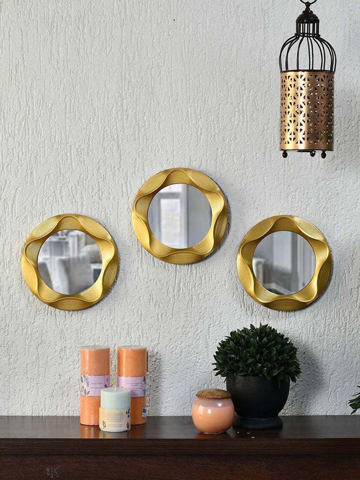 @home Gold Glass 3D Cirque Round Decorative Mirrors - Set of 3