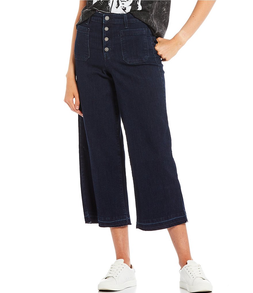 Frayed High Rise Button Front Wide Leg Cropped Jeans