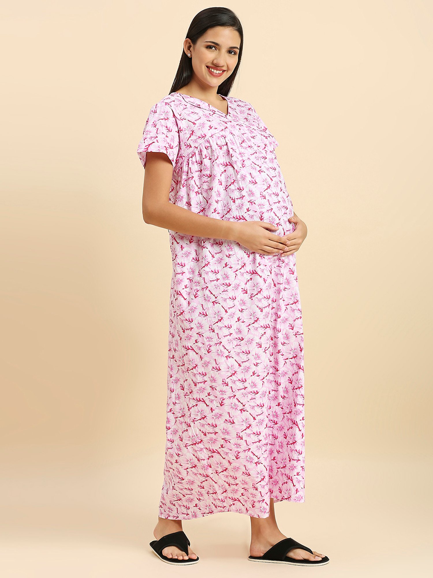 MomToBe Pink Cotton Floral Print Feeding Nighty