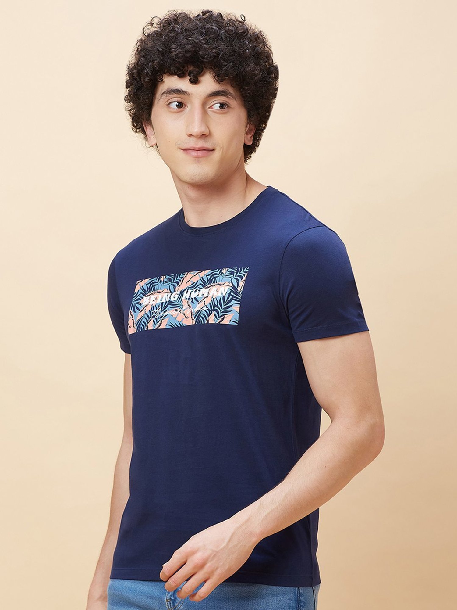 Being Human Dark Blue Regular Fit Printed T-Shirt