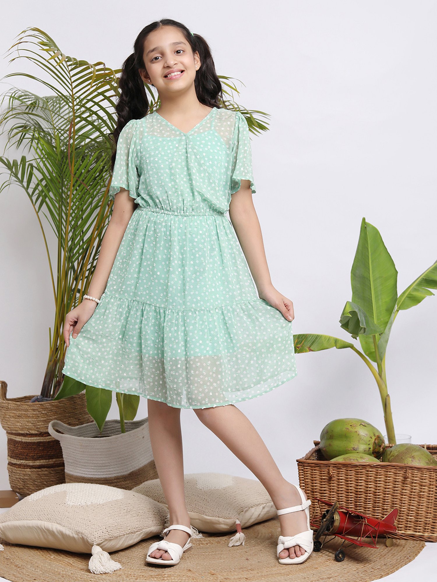 Budding Bees Kids Green Printed Dress