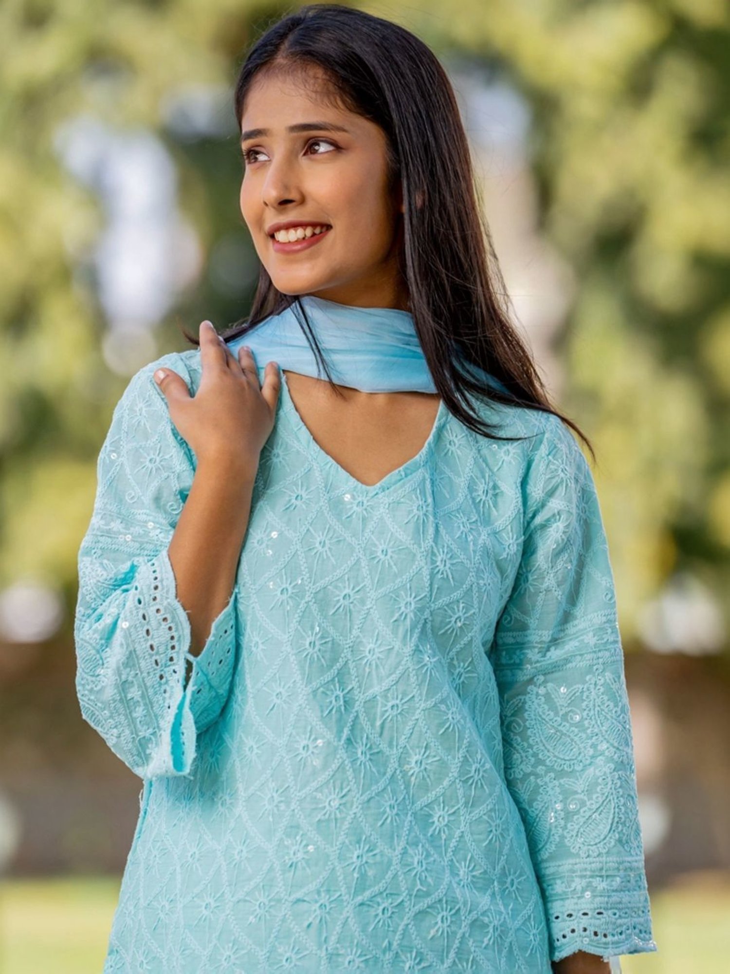 HOUSE OF JAMOTI Blue Cotton Embroidered Kurta Pant Set With Dupatta