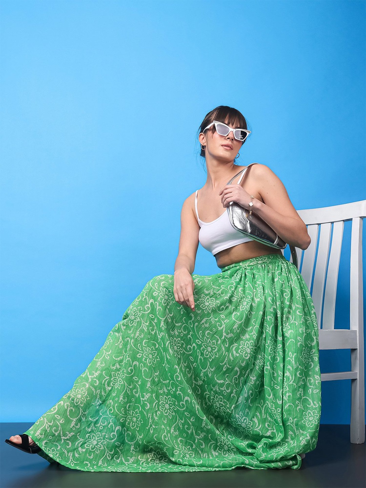 Belle Fille Sky Blue & Beige Printed Skirt