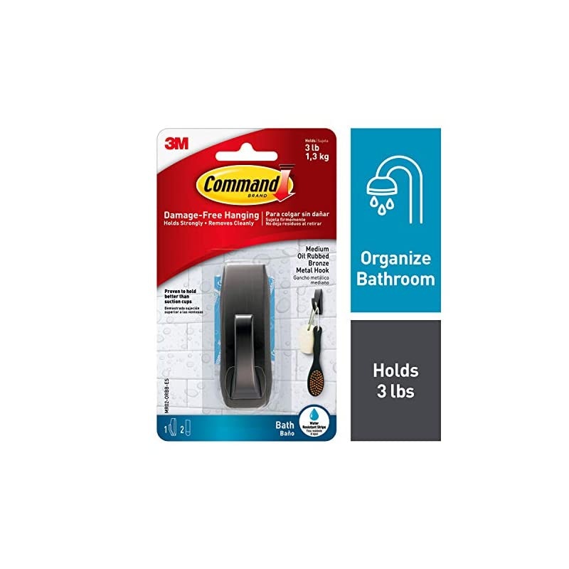 Modern Reflections Medium Metal Bath Hook, Oil Rubbed Bronze, 1-Hook with Water-Resistant Strips, Organize Damage-Free