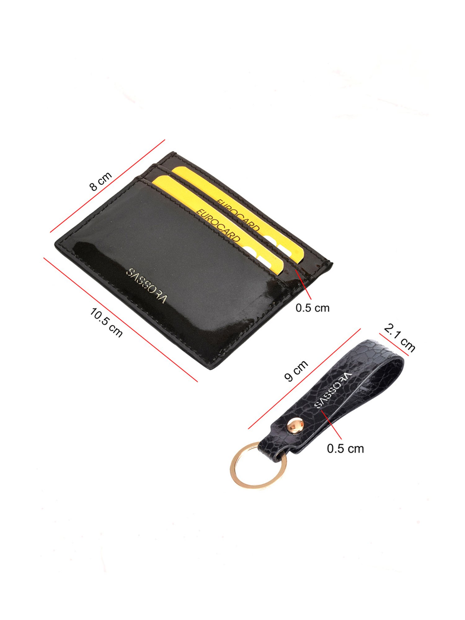 Sassora Black Small Leather Card Holder With Keychain Gift Set (Pack Of 2)