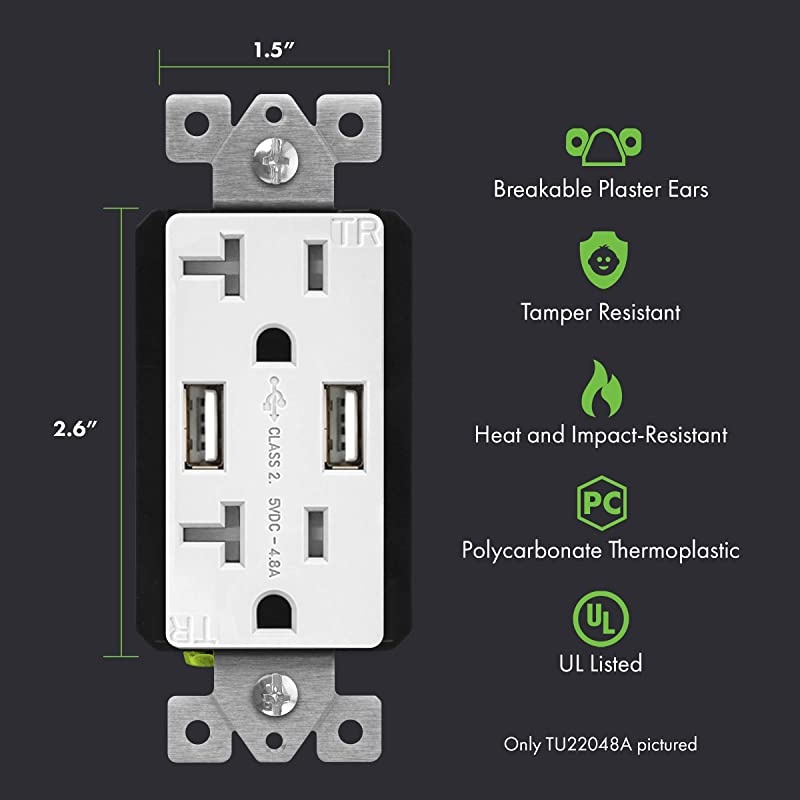 48A High Speed USB Outlet Charger with Stainless Steel Decorator Wall Plate 24W 20A TamperResistant Receptacle UL Listed TU22048AWWP7731 White