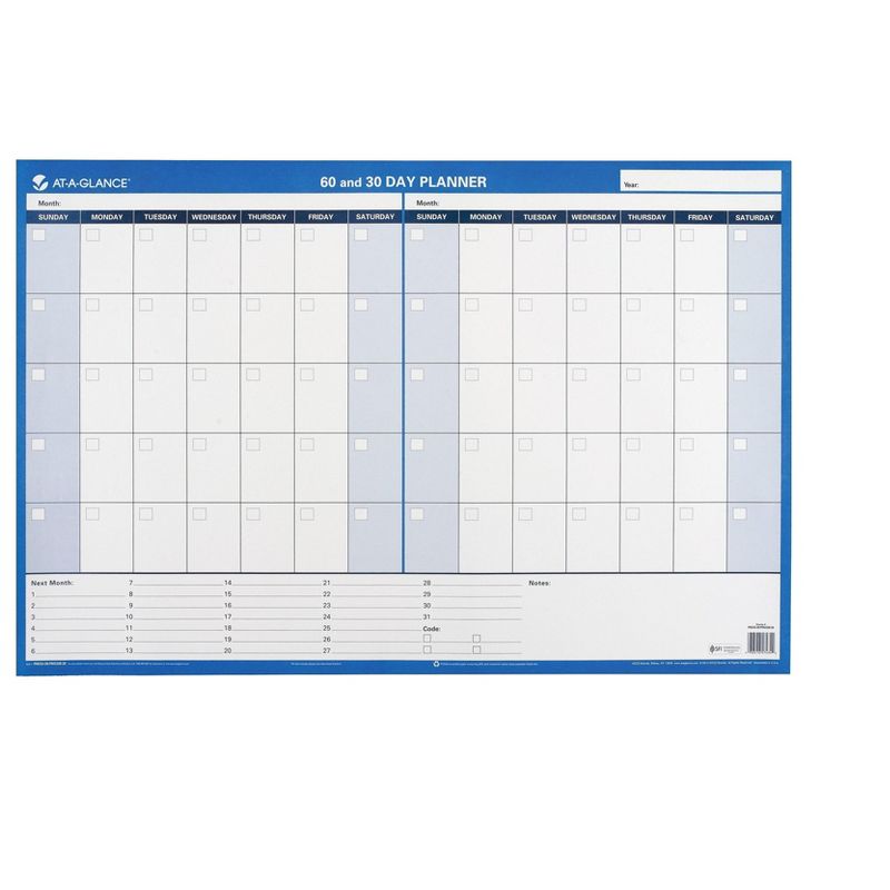 At-A-Glance 30/60-Day Undated Horizontal Erasable Wall Planner 36 x 24 White/Blue PM23328