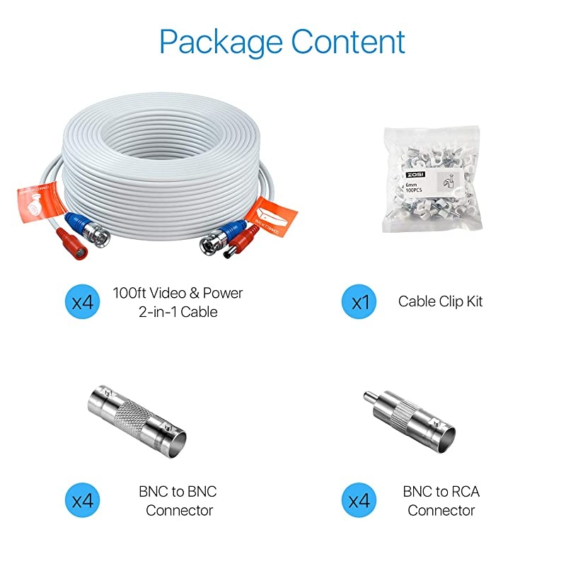 4 Pack 100ft 30 Meters 2in1 Video Power Cable BNC Extension Surveillance Camera Cables for Video Security Systems Included 4X BNC Connectors and 4X RCA Adapters White Color