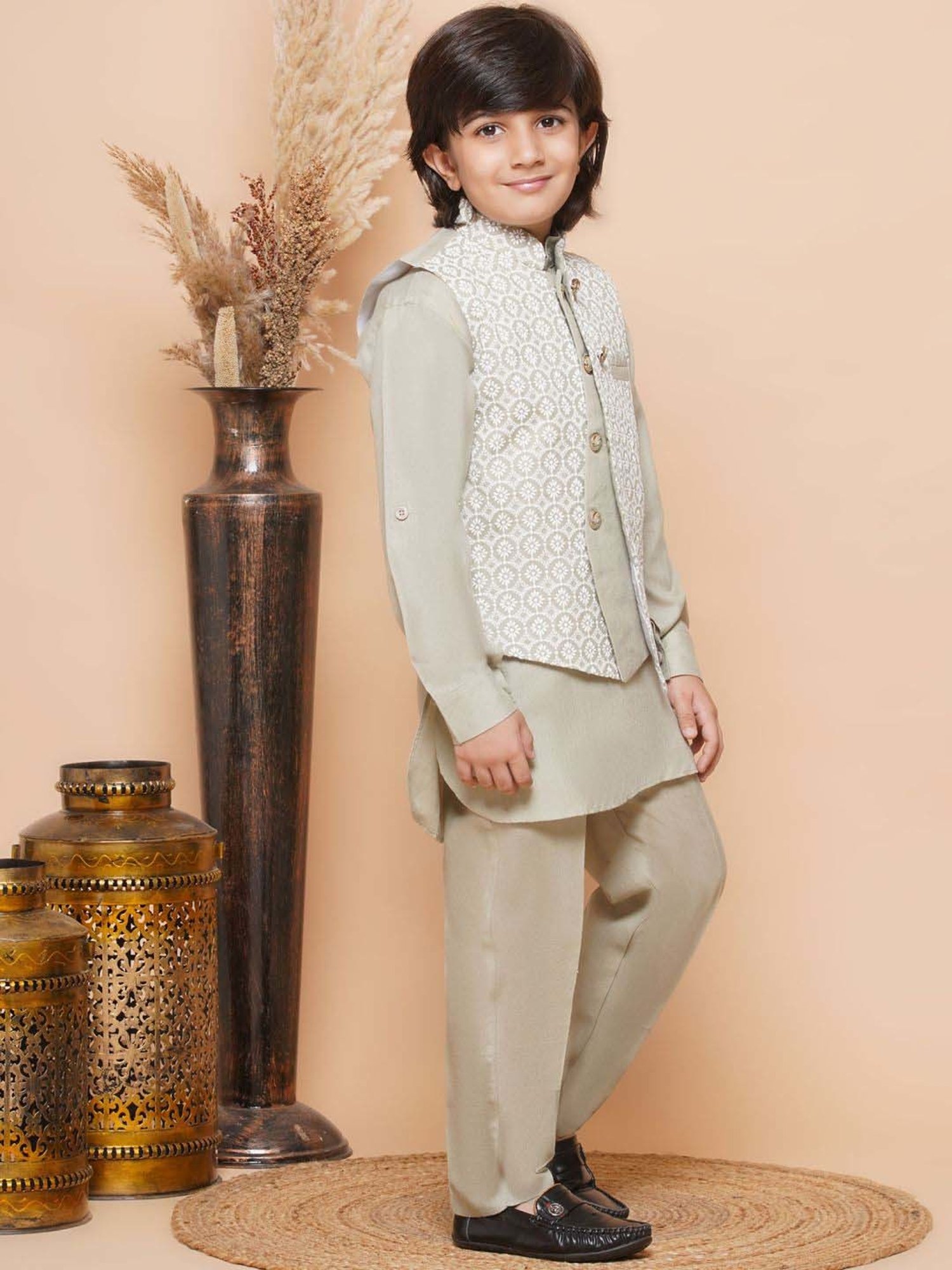 AJ Dezines Kids Pista Green Cotton Embroidered Full Sleeves Kurta Set