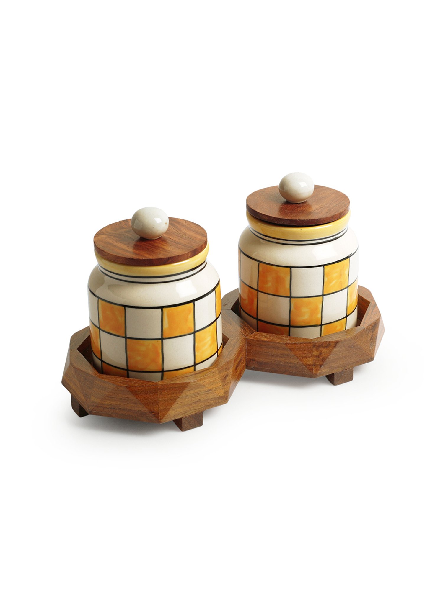 ExclusiveLane Shatranj Yellow & White Ceramic Jars & Containers - Set of 2, 440 ML